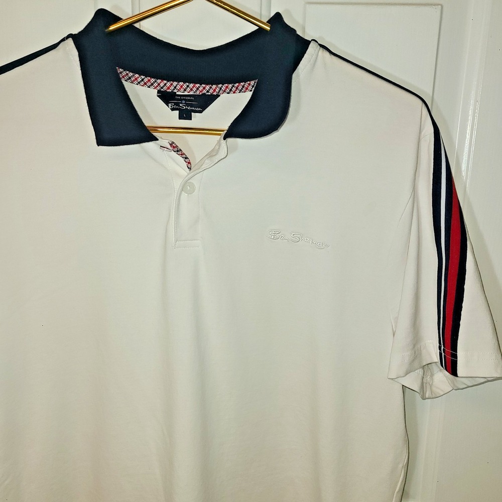 Men's BEN SHERMAN POLO SHIRT WHITE SIZE L ADULT Preppy Country Club Golf